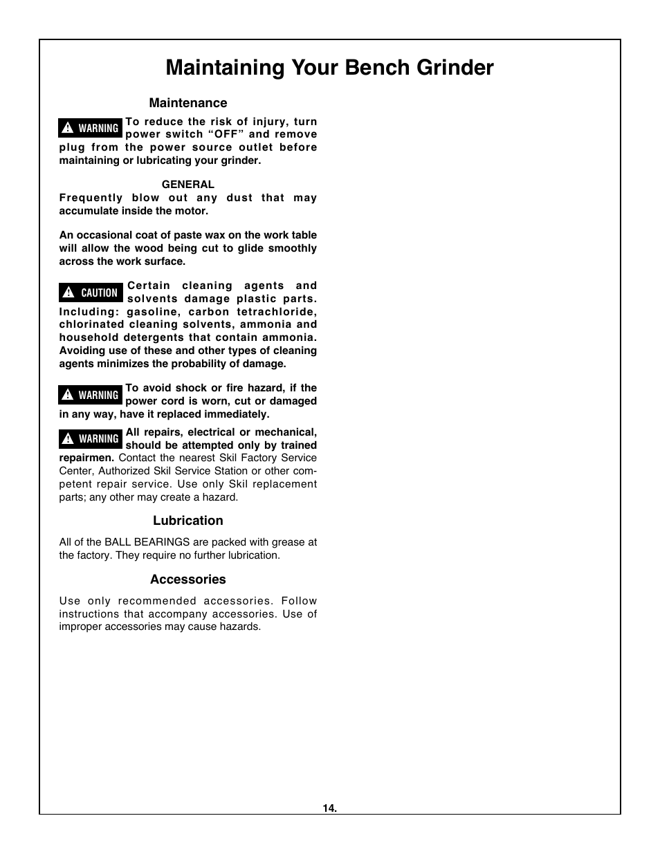 Maintaining your bench grinder | Skil 3380-01 User Manual | Page 14 / 44