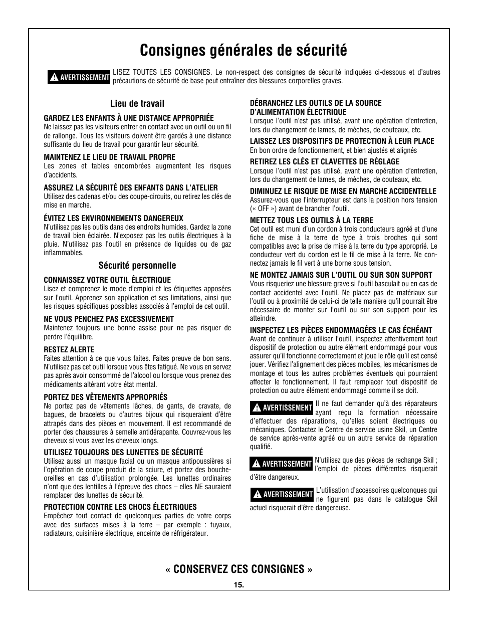 Consignes générales de sécurité, Conservez ces consignes, Lieu de travail | Sécurité personnelle | Skil 3380-01 User Manual | Page 15 / 44