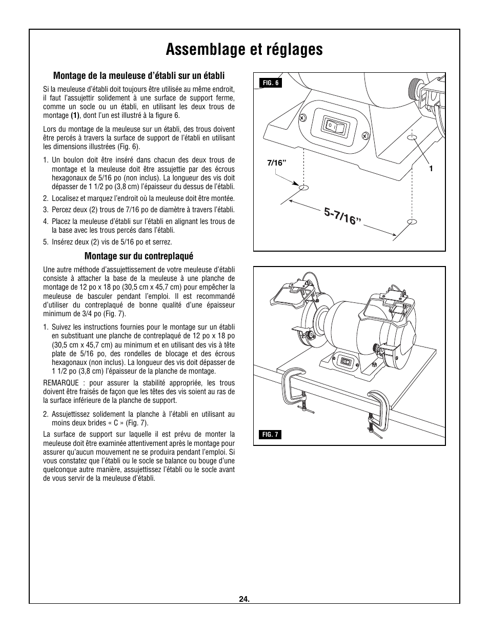 Assemblage et réglages, Montage de la meuleuse d’établi sur un établi, Montage sur du contreplaqué | Skil 3380-01 User Manual | Page 24 / 44