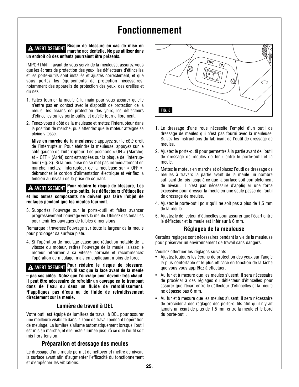 Fonctionnement, Lumière de travail à del, Préparation et dressage des meules | Réglages de la meuleuse | Skil 3380-01 User Manual | Page 25 / 44