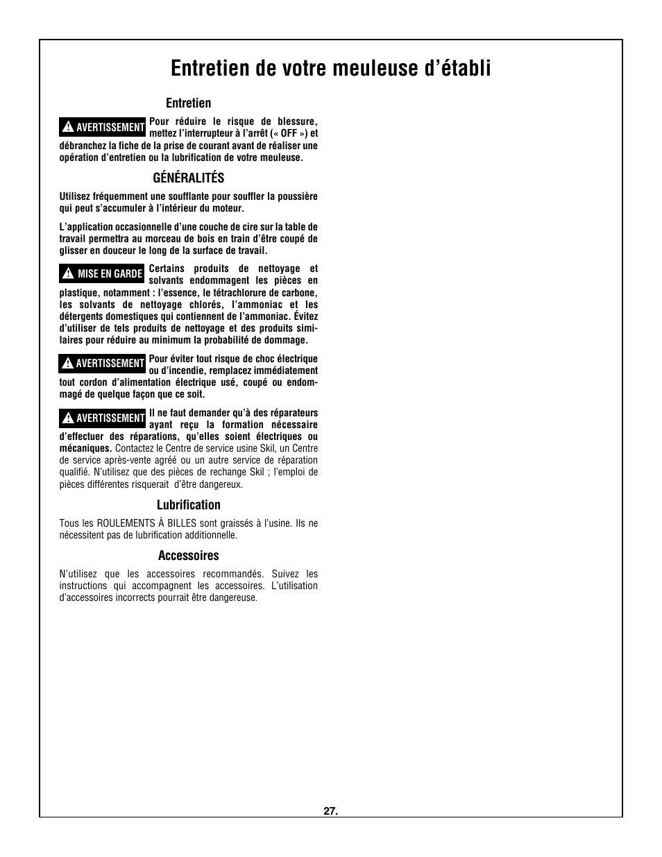 Entretien de votre meuleuse d’établi | Skil 3380-01 User Manual | Page 27 / 44