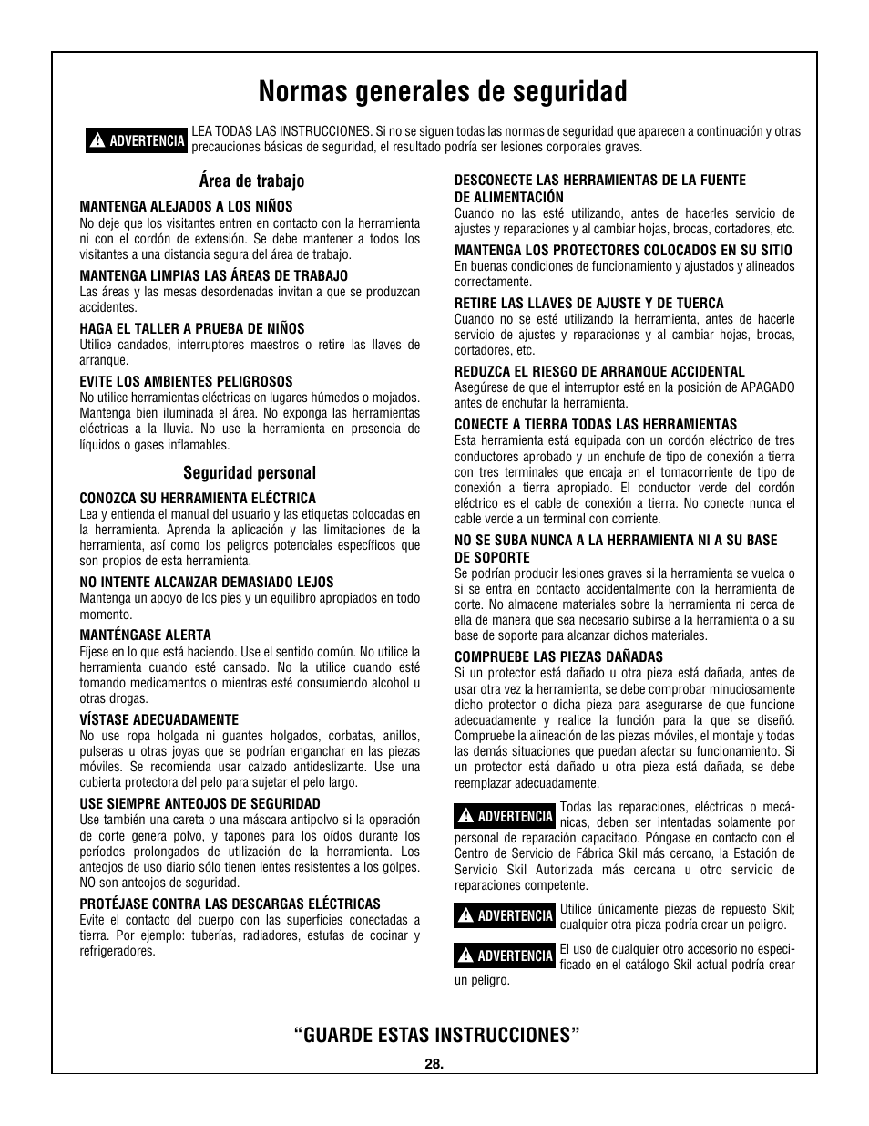 Normas generales de seguridad, Guarde estas instrucciones, Área de trabajo | Seguridad personal | Skil 3380-01 User Manual | Page 28 / 44