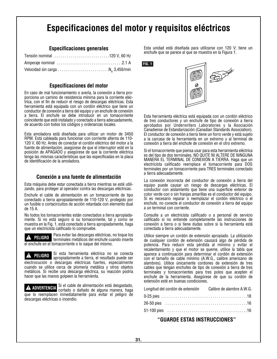 Especificaciones del motor y requisitos eléctricos | Skil 3380-01 User Manual | Page 31 / 44