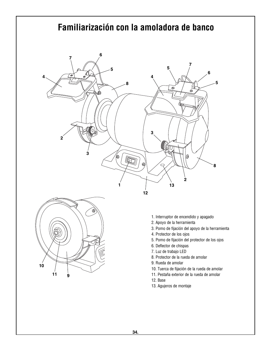 Familiarización con la amoladora de banco | Skil 3380-01 User Manual | Page 34 / 44