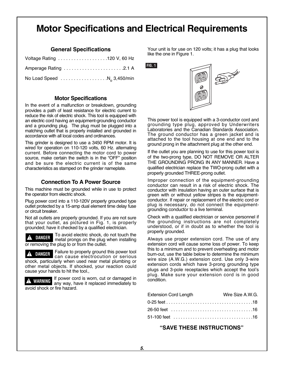 Motor specifications and electrical requirements | Skil 3380-01 User Manual | Page 5 / 44