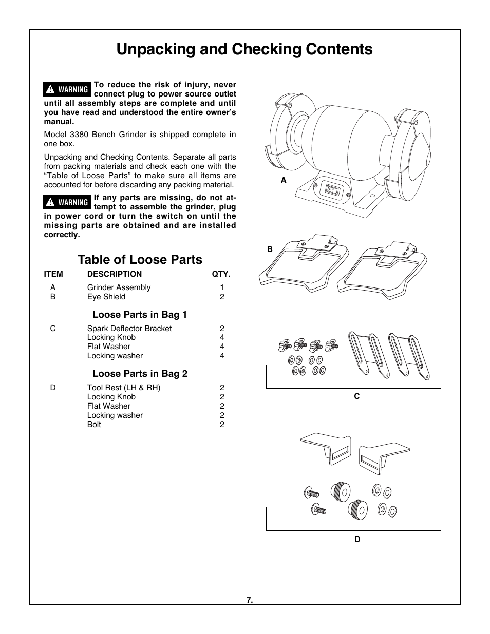 Unpacking and checking contents, Table of loose parts | Skil 3380-01 User Manual | Page 7 / 44