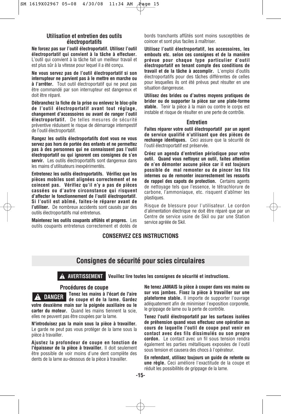 Consignes de sécurité pour scies circulaires | Skil 5680 User Manual | Page 15 / 40