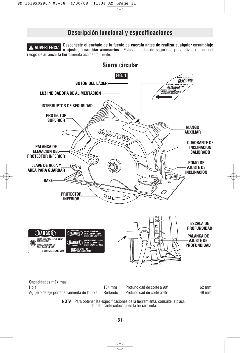Descripción funcional y especificaciones, Sierra circular | Skil 5680 User Manual | Page 31 / 40