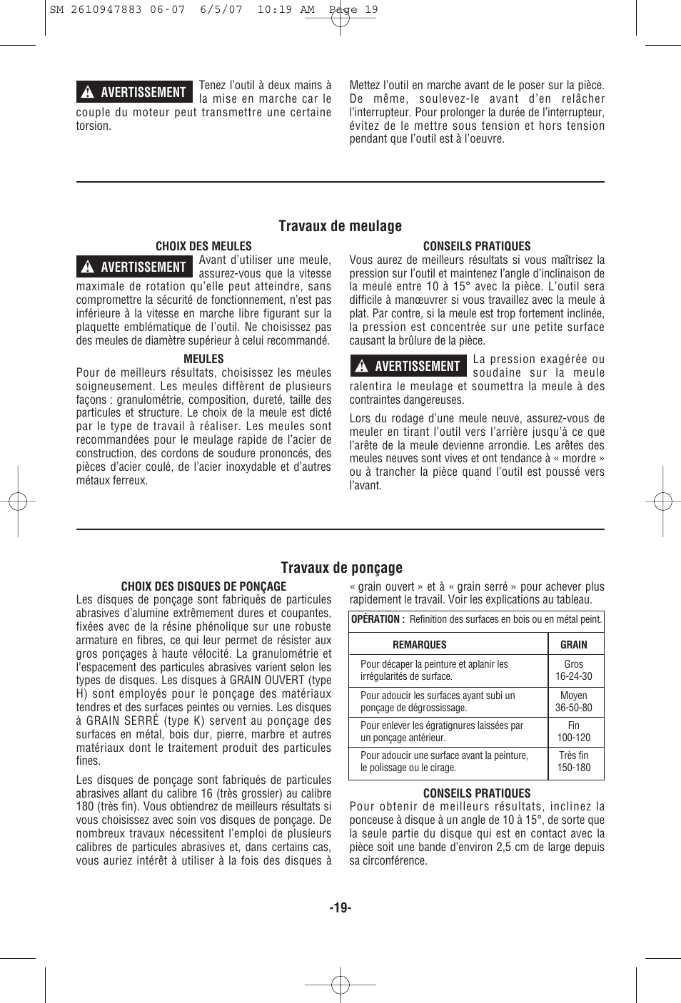 Travaux de meulage, Travaux de ponçage | Skil 9290 User Manual | Page 19 / 32