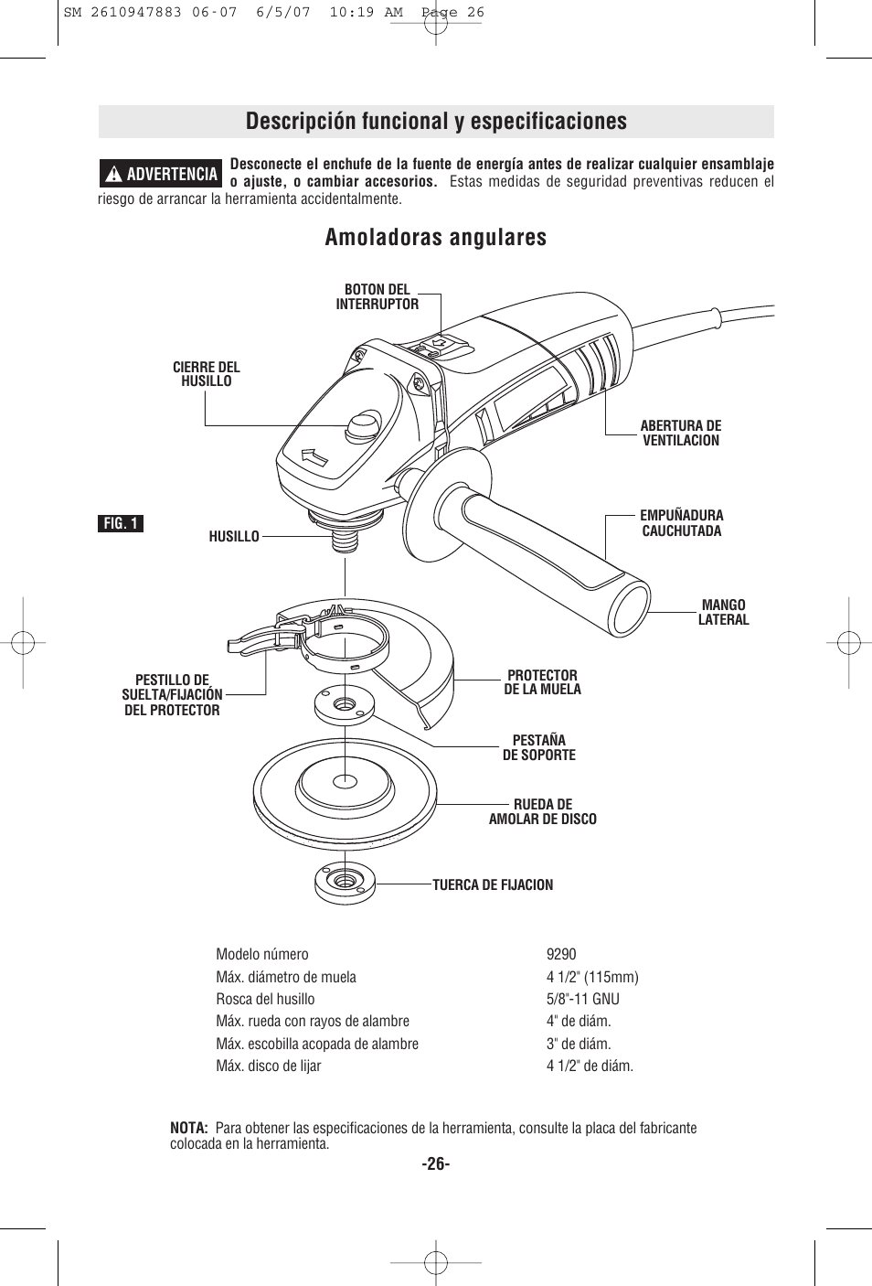 Descripción funcional y especificaciones, Amoladoras angulares | Skil 9290 User Manual | Page 26 / 32