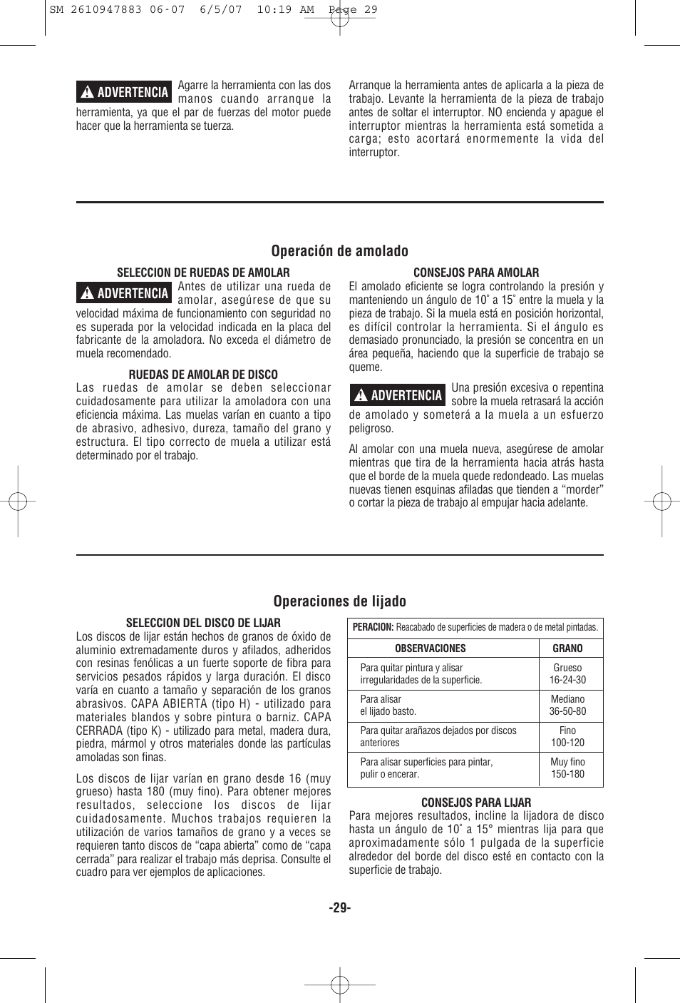 Operación de amolado, Operaciones de lijado | Skil 9290 User Manual | Page 29 / 32