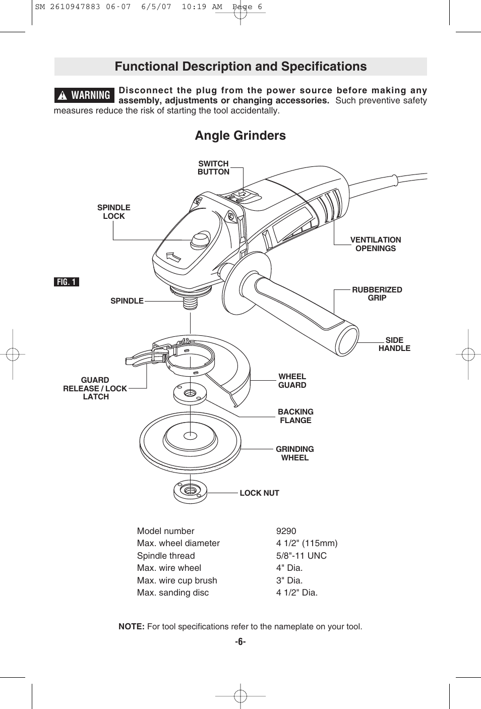 Functional description and specifications, Angle grinders, Warning | Skil 9290 User Manual | Page 6 / 32