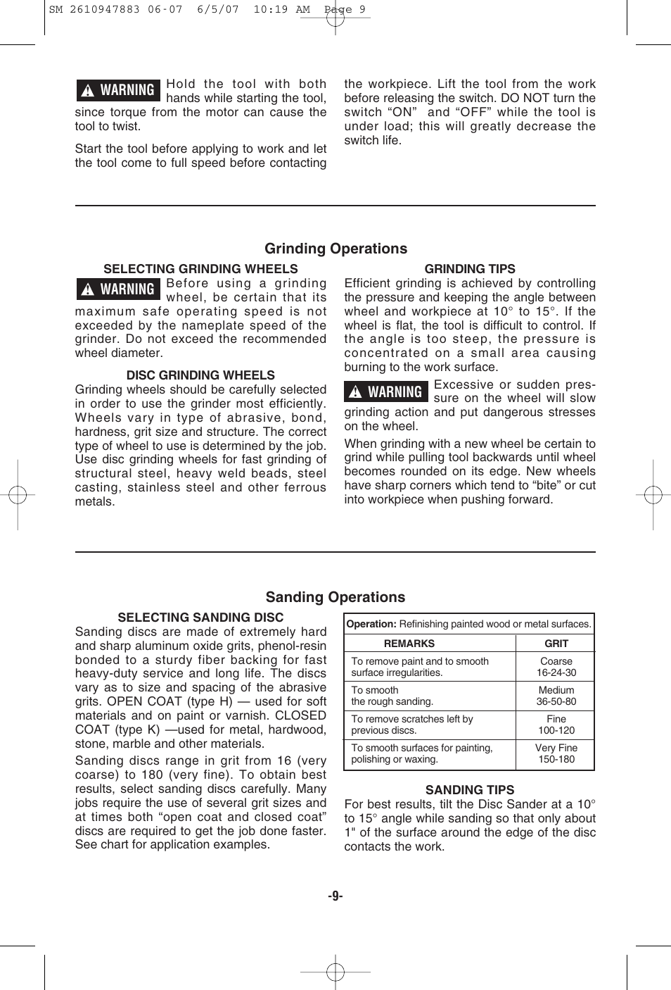 Warning grinding operations, Warning, Warning sanding operations | Skil 9290 User Manual | Page 9 / 32