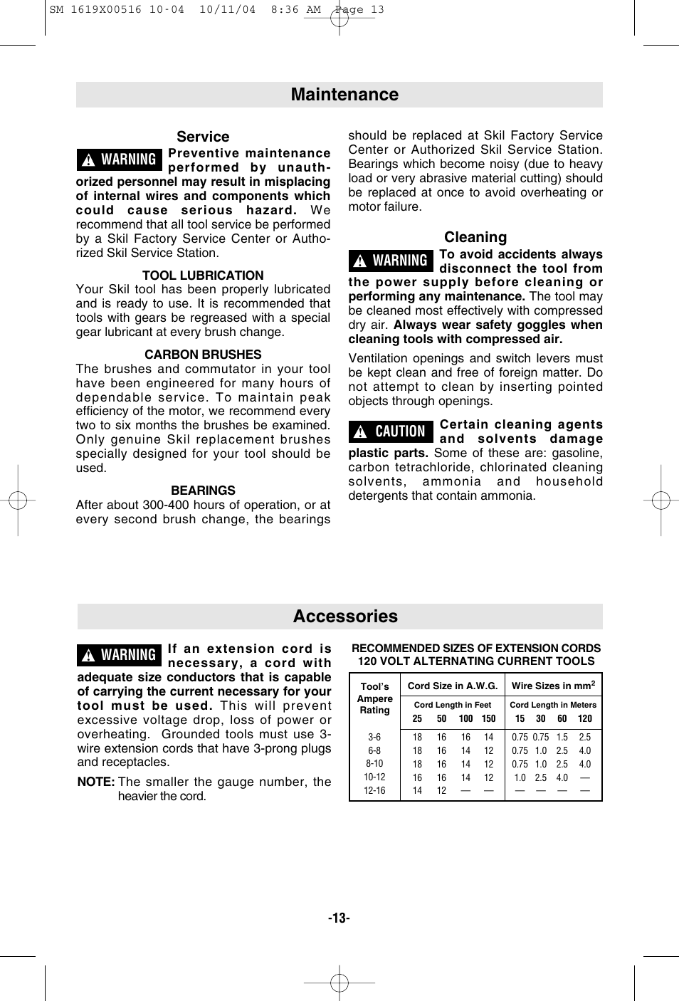 Maintenance, Accessories, Service | Cleaning, Warning, Caution | Skil 4485 User Manual | Page 13 / 40