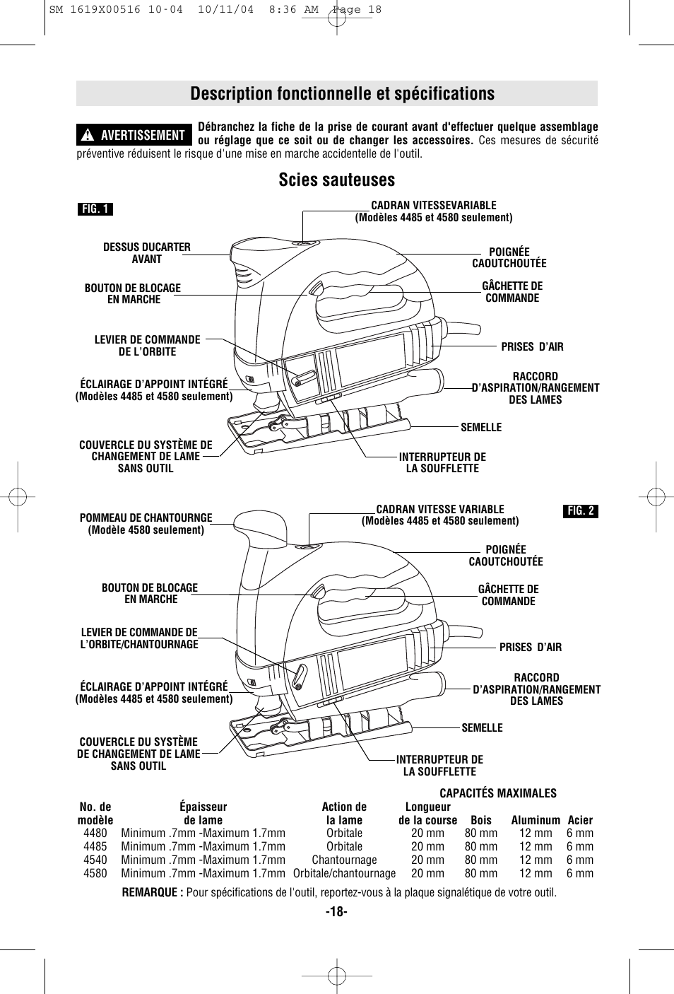 Description fonctionnelle et spécifications, Scies sauteuses | Skil 4485 User Manual | Page 18 / 40