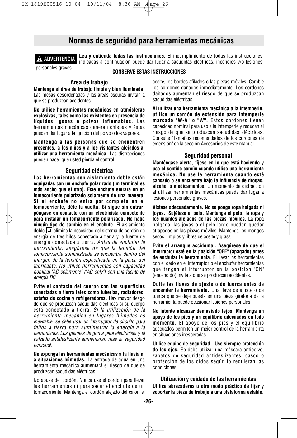 Normas de seguridad para herramientas mecánicas | Skil 4485 User Manual | Page 26 / 40