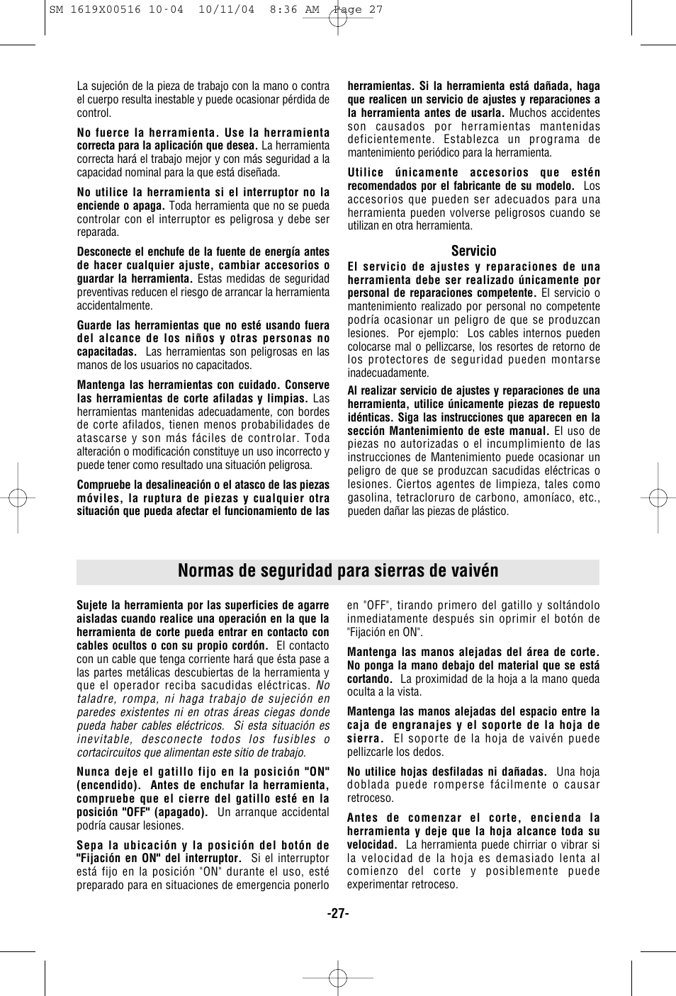 Normas de seguridad para sierras de vaivén | Skil 4485 User Manual | Page 27 / 40