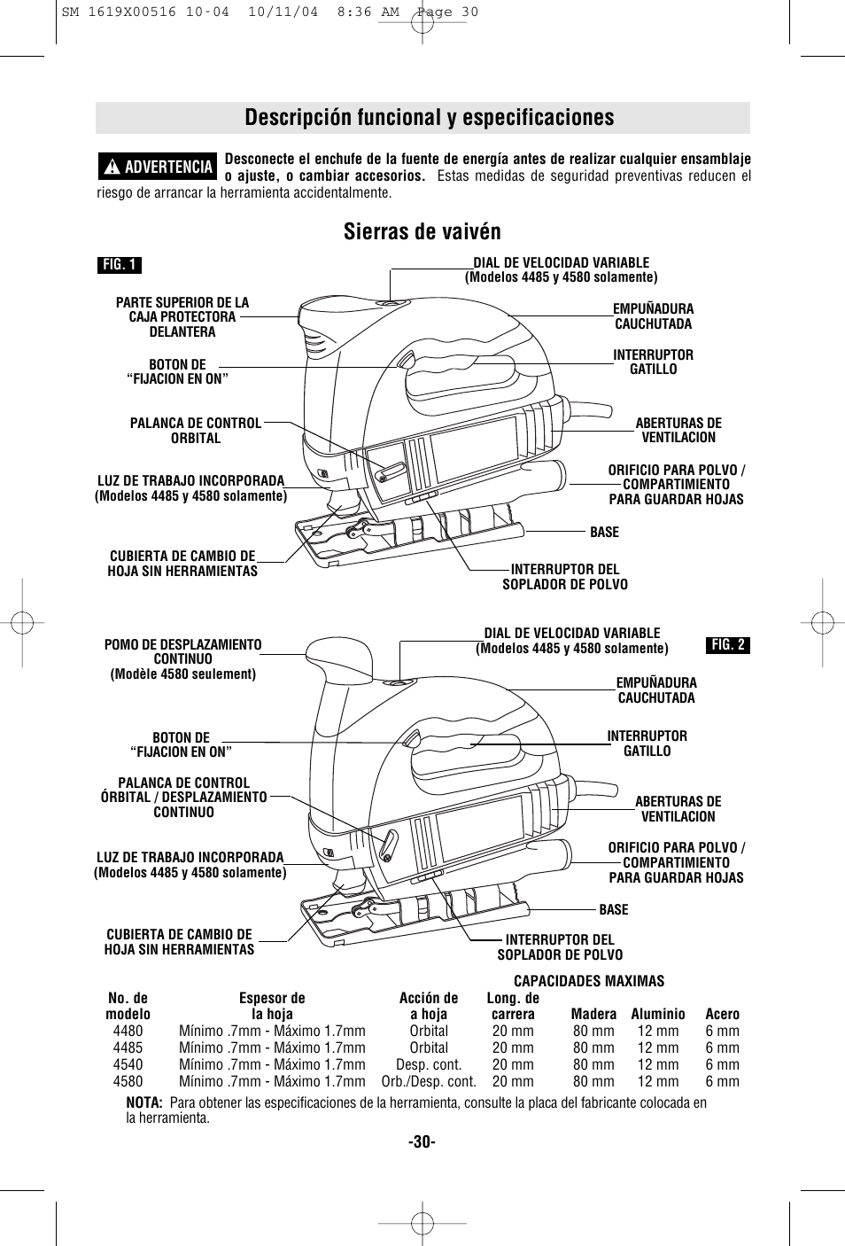 Descripción funcional y especificaciones, Sierras de vaivén | Skil 4485 User Manual | Page 30 / 40