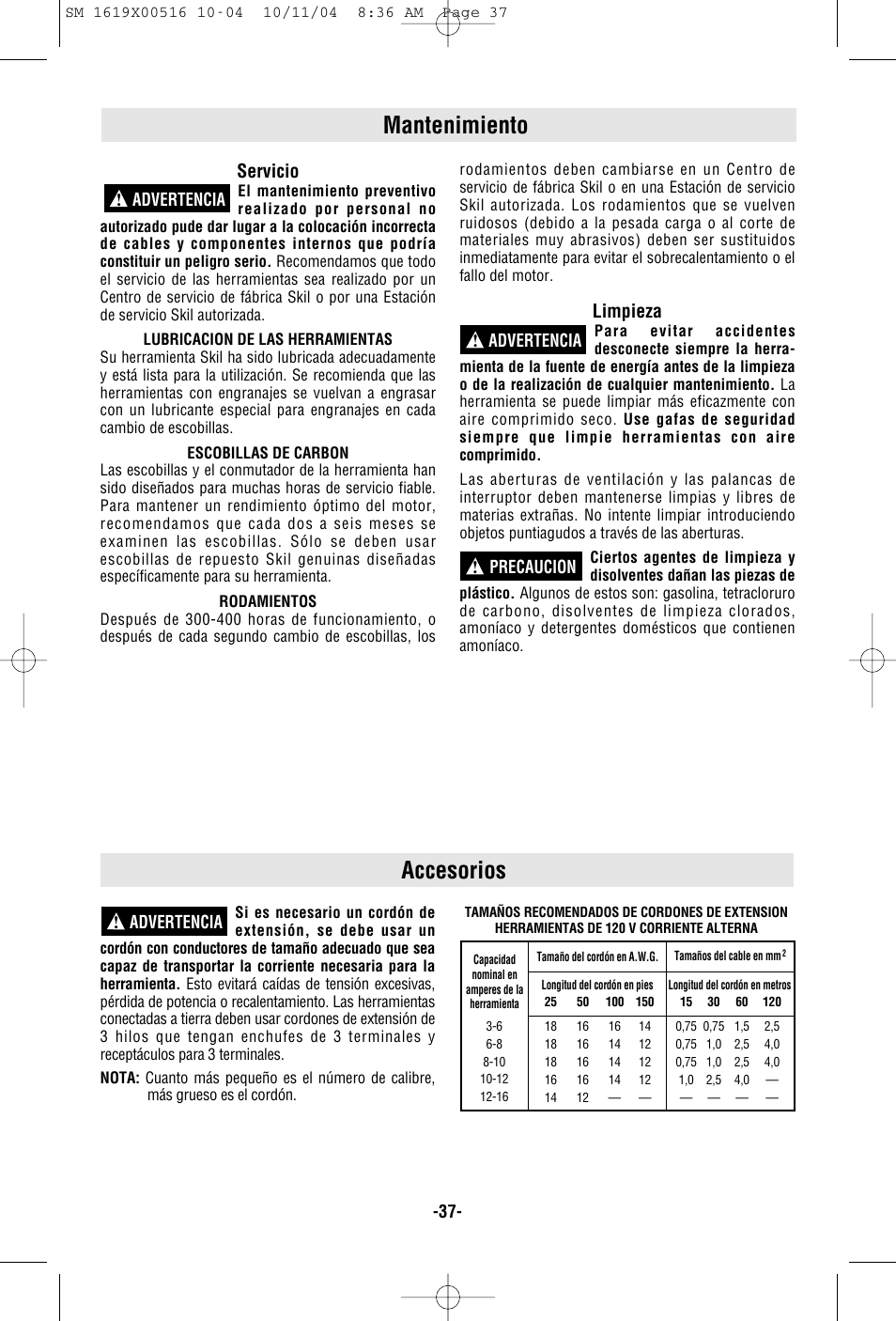 Accesorios, Mantenimiento, Servicio | Limpieza, Advertencia, Advertencia ! advertencia ! precaucion | Skil 4485 User Manual | Page 37 / 40