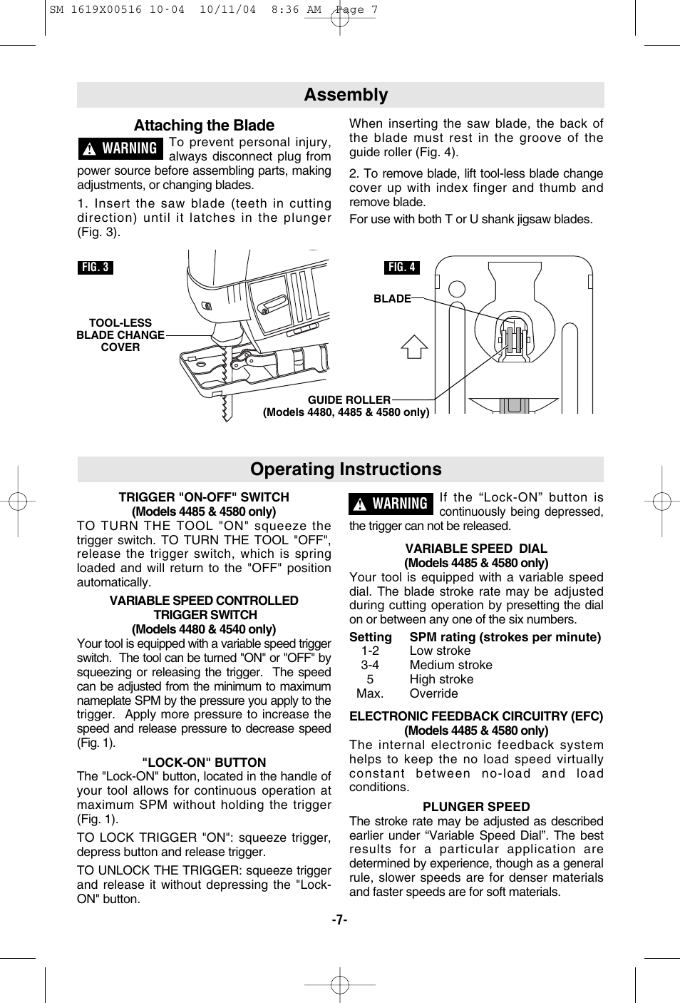 Assembly, Operating instructions, Attaching the blad | Skil 4485 User Manual | Page 7 / 40