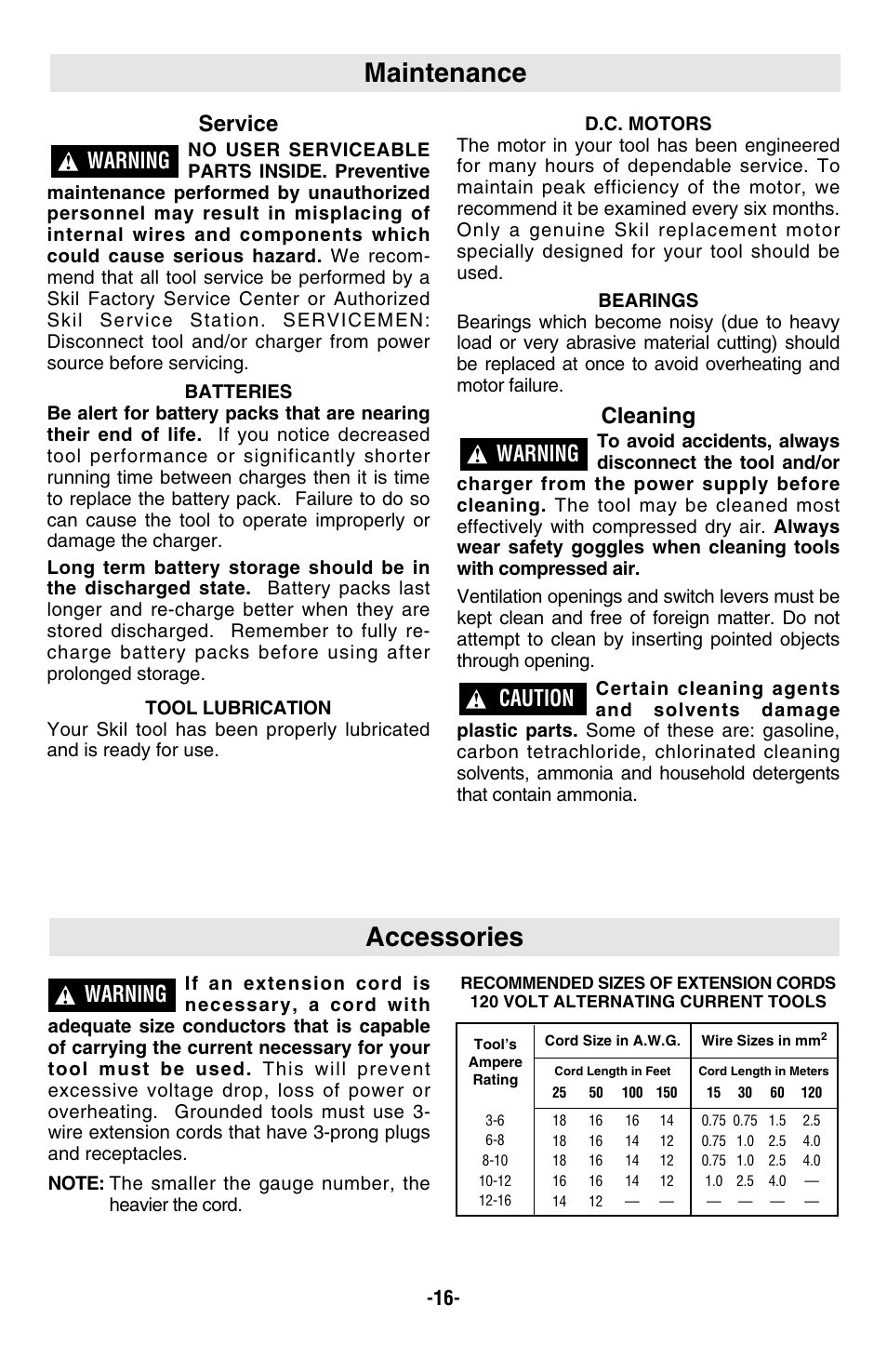 Accessories, Maintenance, Warning | Service, Cleaning, Caution | Skil 5850 User Manual | Page 16 / 48