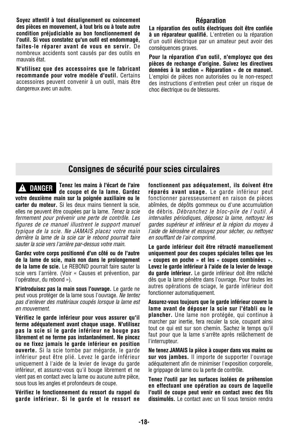 Consignes de sécurité pour scies circulaires, Danger | Skil 5850 User Manual | Page 18 / 48