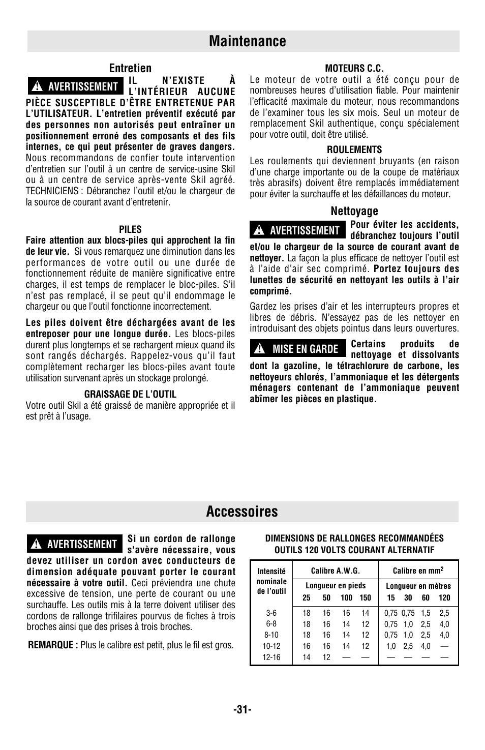 Maintenance, Accessoires, Entretien | Nettoyage, Mise en garde ! avertissement ! avertissement, Avertissement | Skil 5850 User Manual | Page 31 / 48