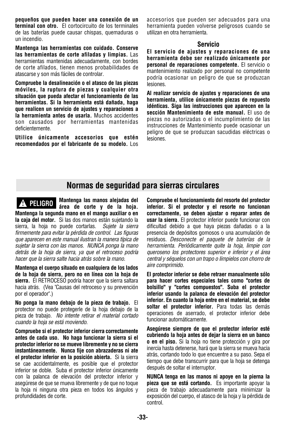 Normas de seguridad para sierras circulares, Peligro | Skil 5850 User Manual | Page 33 / 48