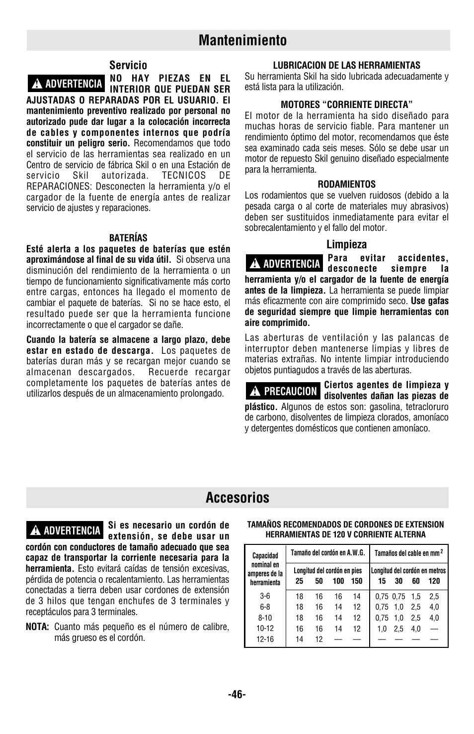 Accesorios, Mantenimiento, Servicio | Limpieza, Advertencia, Advertencia ! advertencia ! precaucion | Skil 5850 User Manual | Page 46 / 48