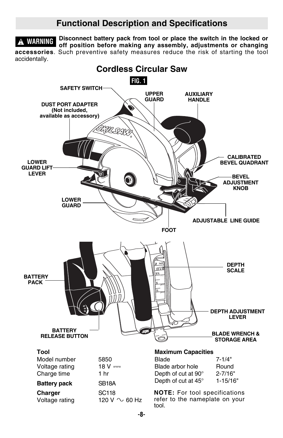 Functional description and specifications, Cordless circular saw, Warning | Skil 5850 User Manual | Page 8 / 48