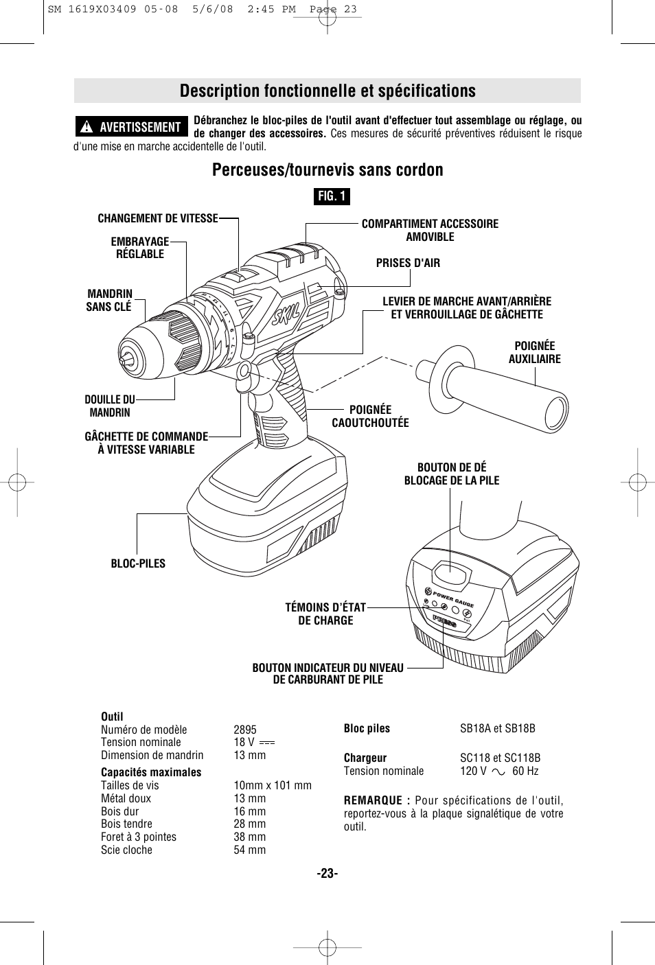 Description fonctionnelle et spécifications, Perceuses/tournevis sans cordon | Skil 2895 User Manual | Page 23 / 48