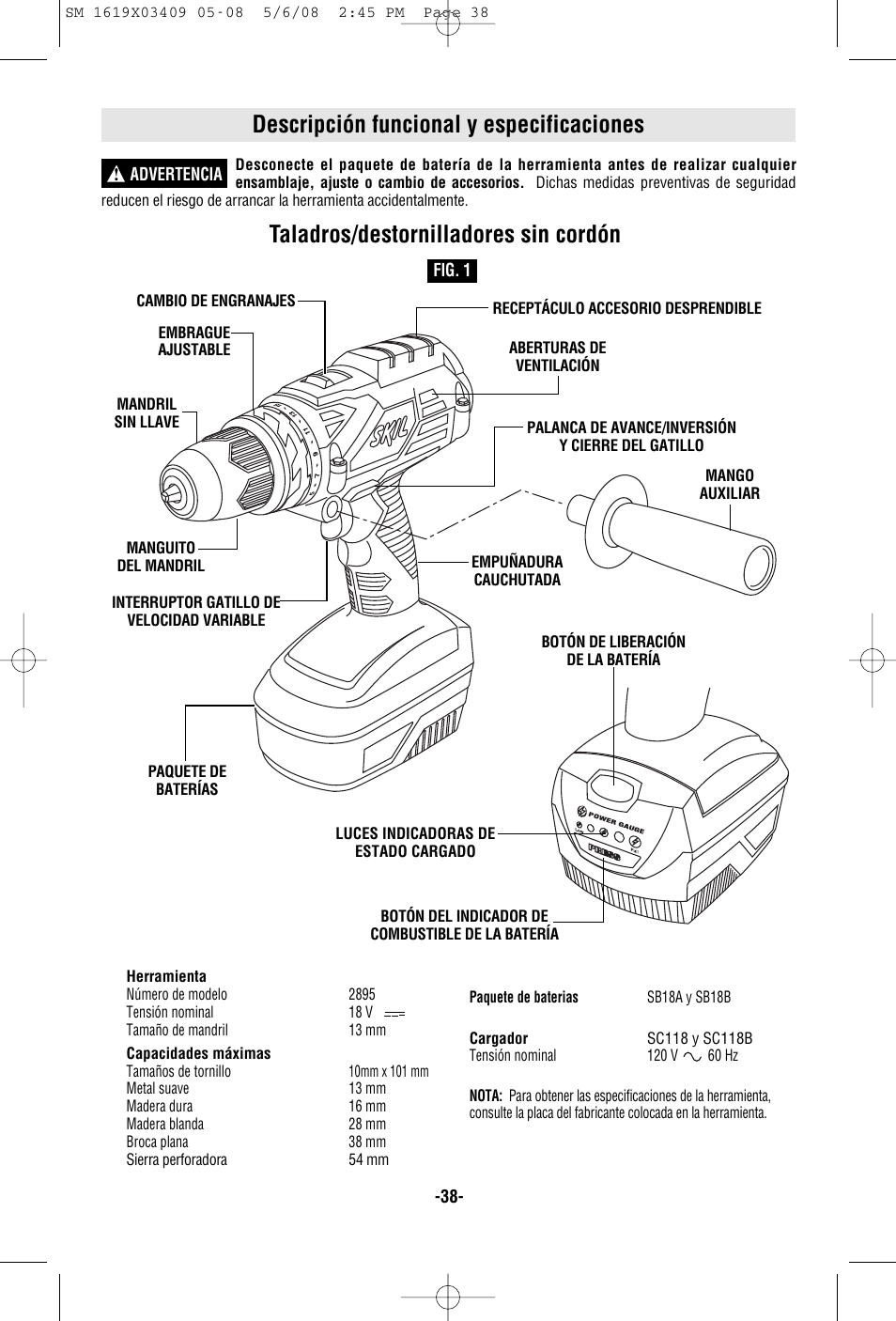 Descripción funcional y especificaciones, Taladros/destornilladores sin cordón | Skil 2895 User Manual | Page 38 / 48