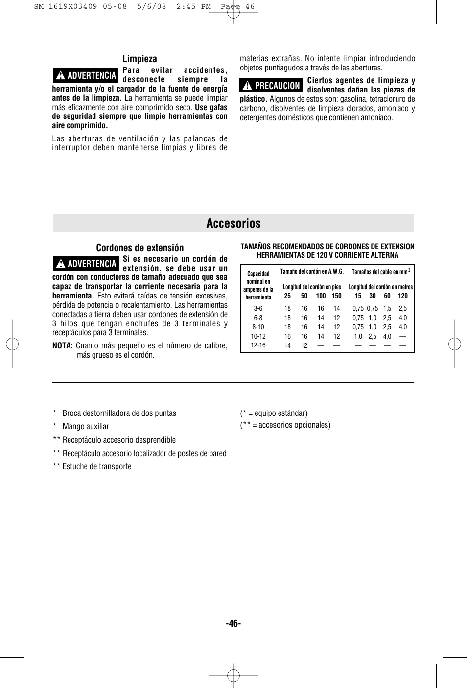 Accesorios, Cordones de extensión, Limpieza | Advertencia, Advertencia ! precaucion | Skil 2895 User Manual | Page 46 / 48