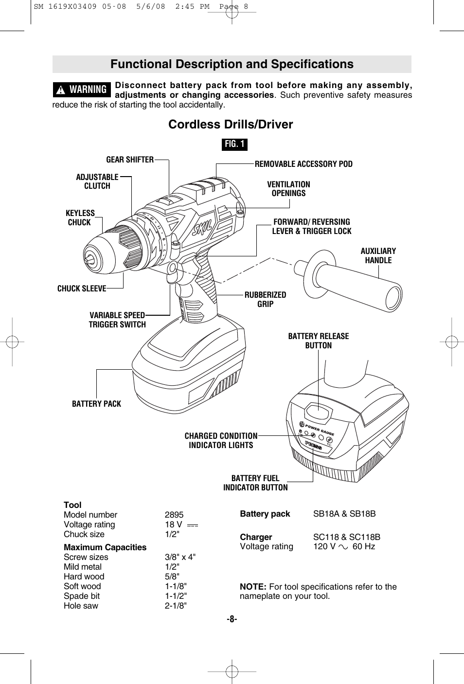 Functional description and specifications, Cordless drills/driver | Skil 2895 User Manual | Page 8 / 48