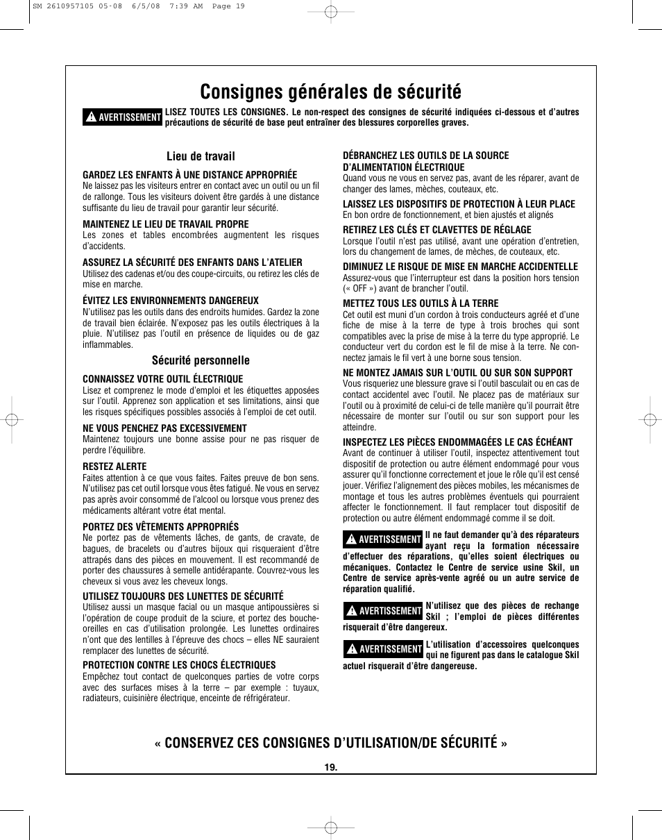 Consignes générales de sécurité, Conservez ces consignes d’utilisation/de sécurité, Lieu de travail | Sécurité personnelle | Skil 3385-01 User Manual | Page 19 / 56
