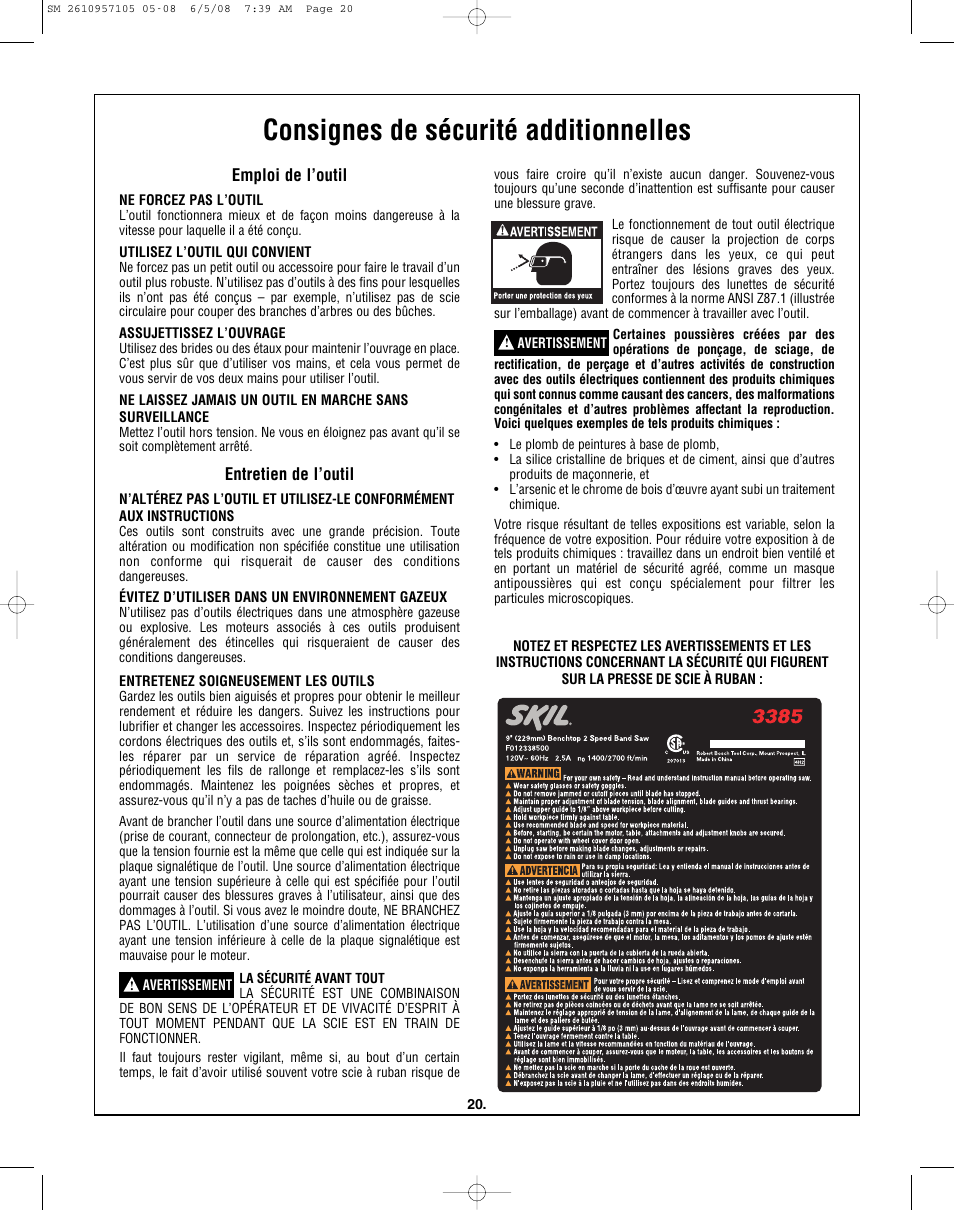 Consignes de sécurité additionnelles | Skil 3385-01 User Manual | Page 20 / 56