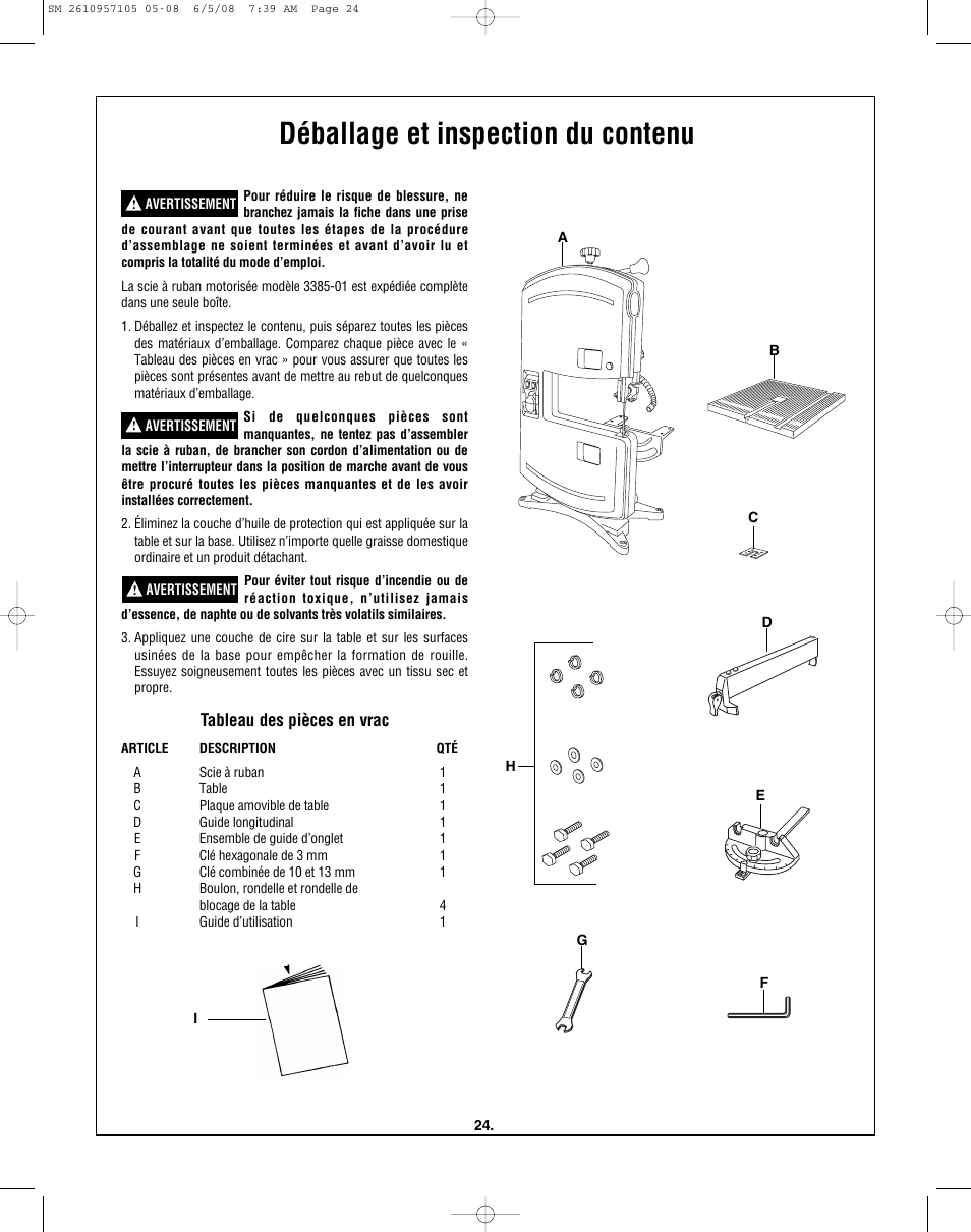 Déballage et inspection du contenu, Tableau des pièces en vrac | Skil 3385-01 User Manual | Page 24 / 56