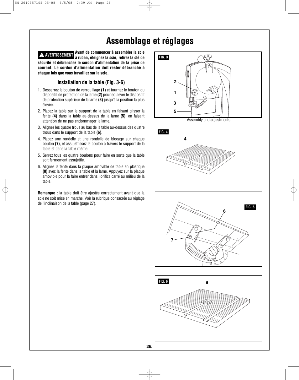 Assemblage et réglages, Installation de la table (fig. 3-6) | Skil 3385-01 User Manual | Page 26 / 56