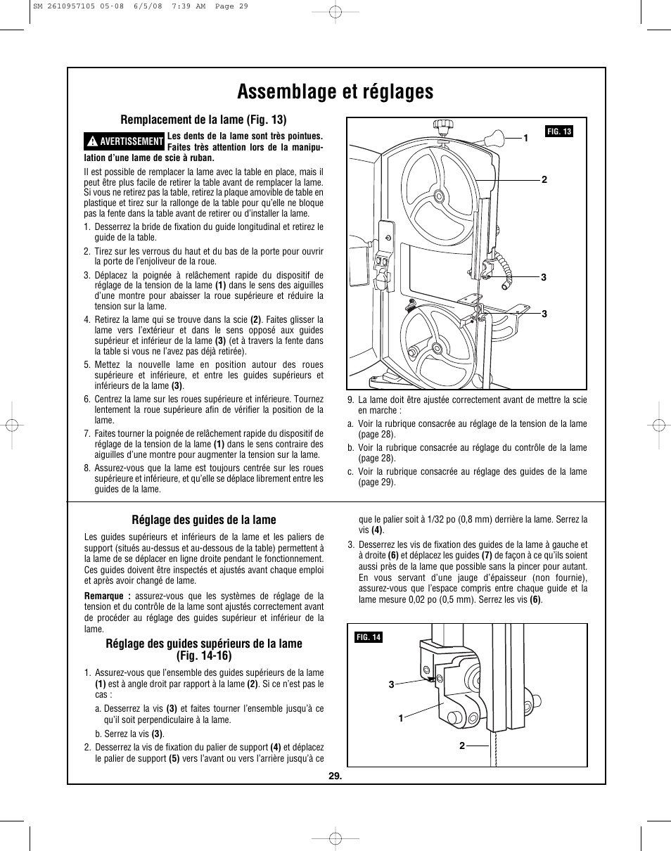 Assemblage et réglages, Remplacement de la lame (fig. 13), Réglage des guides de la lame | Skil 3385-01 User Manual | Page 29 / 56