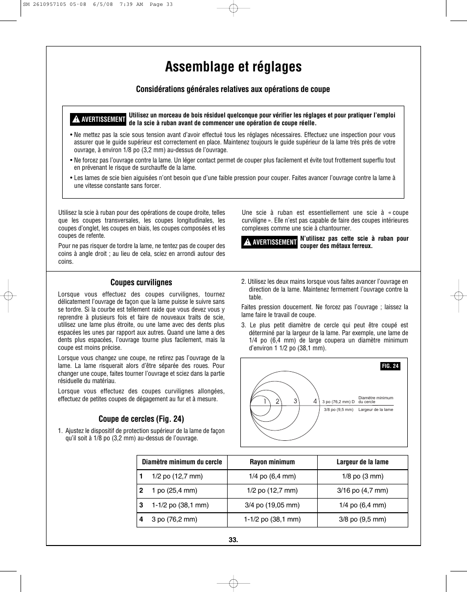 Assemblage et réglages, Coupe de cercles (fig. 24) | Skil 3385-01 User Manual | Page 33 / 56