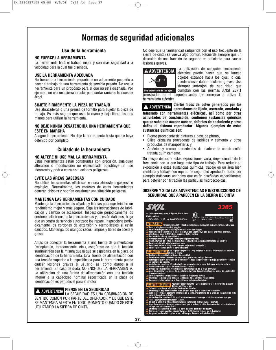 Normas de seguridad adicionales | Skil 3385-01 User Manual | Page 37 / 56
