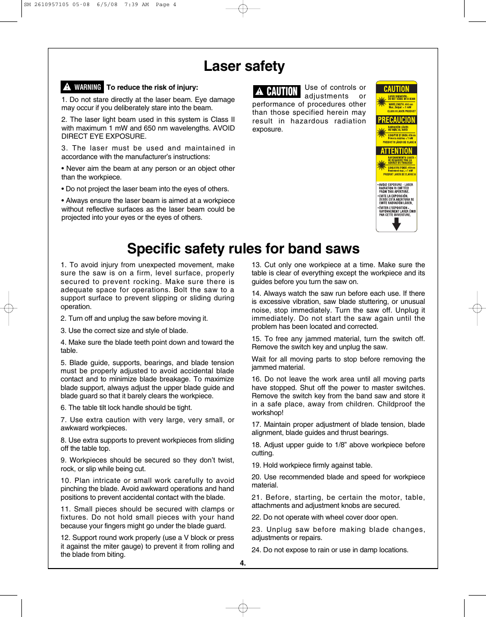 Laser safety specific safety rules for band saws, Caution | Skil 3385-01 User Manual | Page 4 / 56