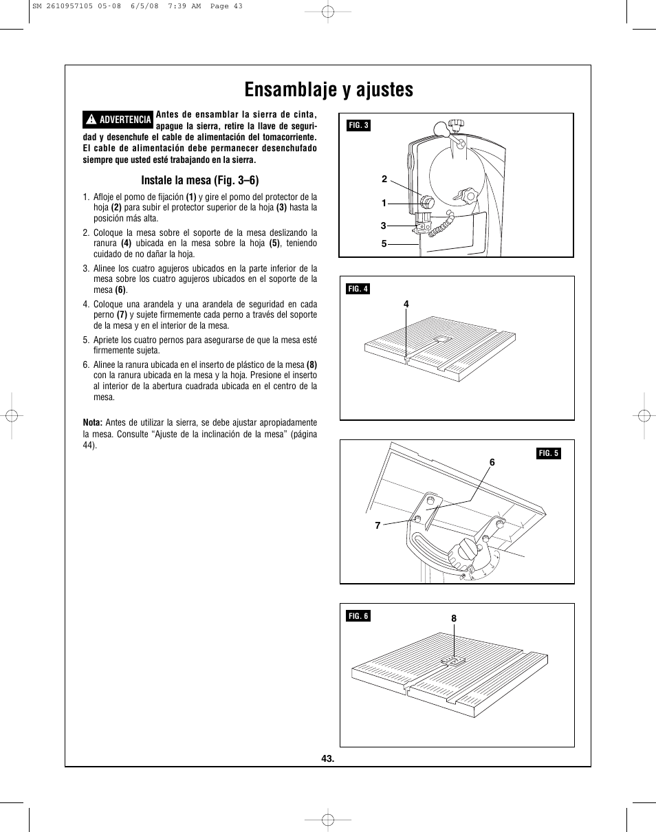 Ensamblaje y ajustes, Instale la mesa (fig. 3–6) | Skil 3385-01 User Manual | Page 43 / 56