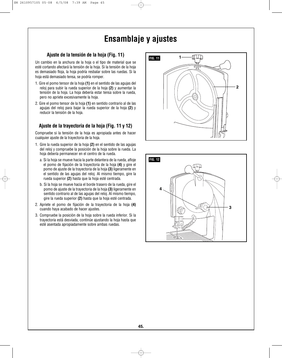 Ensamblaje y ajustes, Ajuste de la tensión de la hoja (fig. 11), Ajuste de la trayectoria de la hoja (fig. 11 y 12) | Skil 3385-01 User Manual | Page 45 / 56