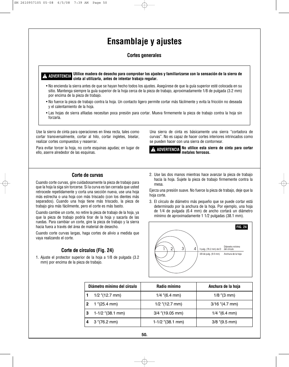 Ensamblaje y ajustes, Cortes generales corte de curvas, Corte de círculos (fig. 24) | Skil 3385-01 User Manual | Page 50 / 56