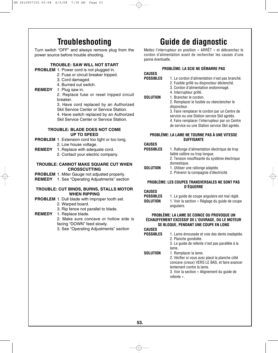 Troubleshooting, Guide de diagnostic | Skil 3385-01 User Manual | Page 53 / 56