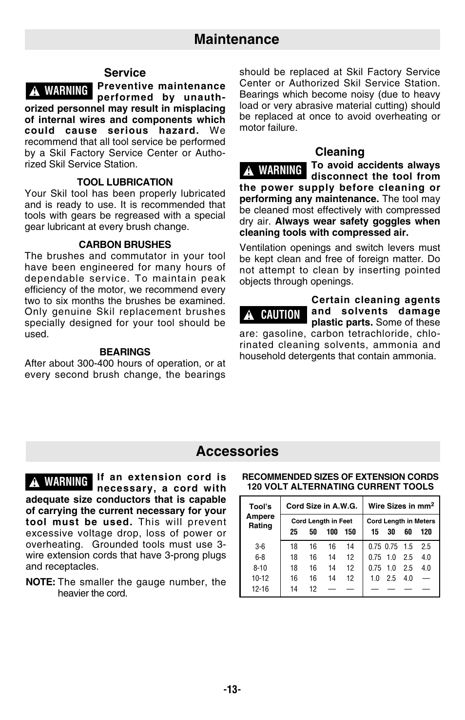 Maintenance, Accessories, Service | Cleaning, Warning, Caution | Skil 4480 User Manual | Page 13 / 40