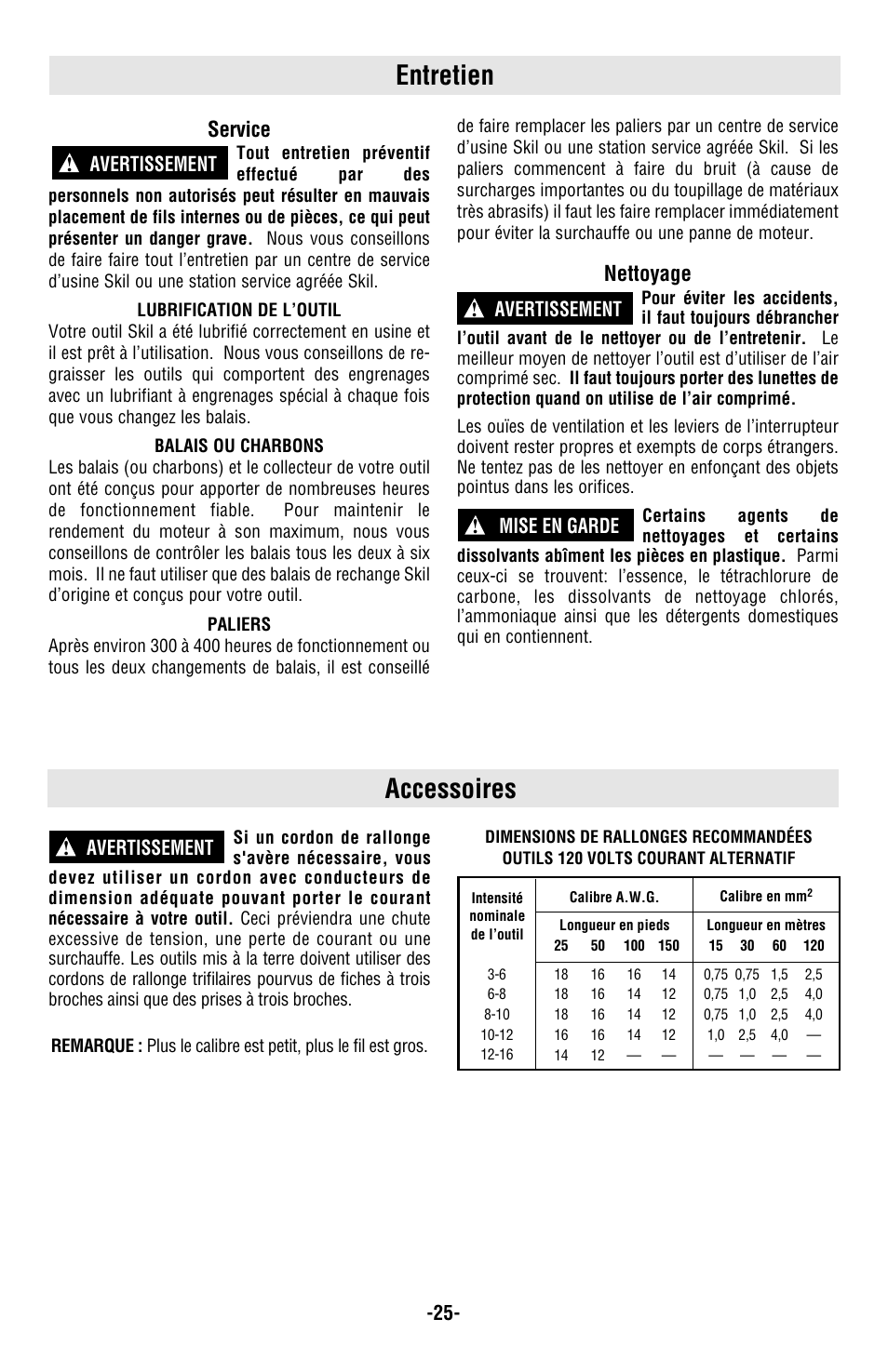 Entretien, Accessoires, Service | Nettoyage, Avertissement ! avertissement, Avertissement ! mise en garde | Skil 4480 User Manual | Page 25 / 40