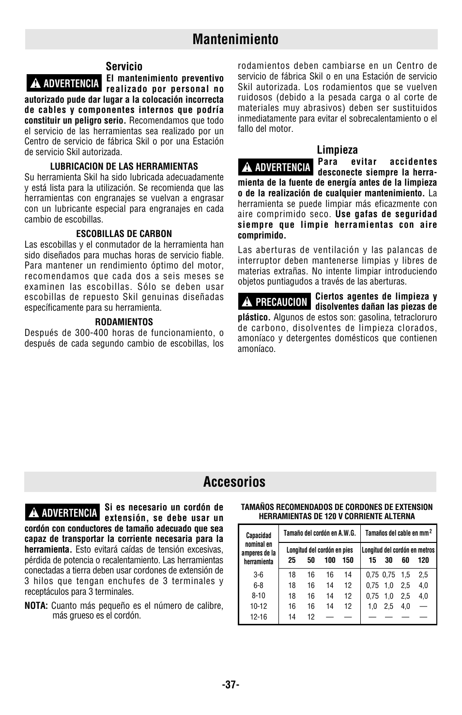 Accesorios, Mantenimiento, Servicio | Limpieza, Advertencia, Advertencia ! advertencia ! precaucion | Skil 4480 User Manual | Page 37 / 40