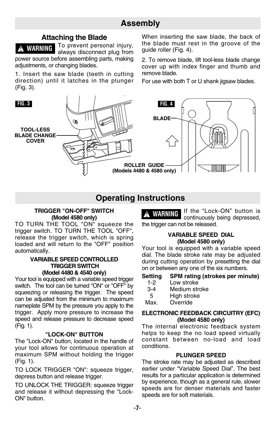 Assembly, Operating instructions, Attaching the blad | Warning | Skil 4480 User Manual | Page 7 / 40